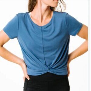 Zyia Active Womens Blue Twist-Front Short-Sleeve Top L Modal/Polyester Stretchy